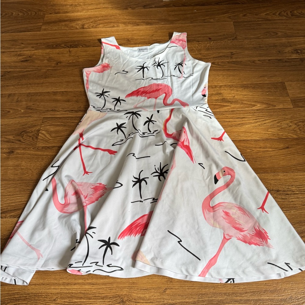 Cowcow pink flamingo dress. Good condition, missing belt.